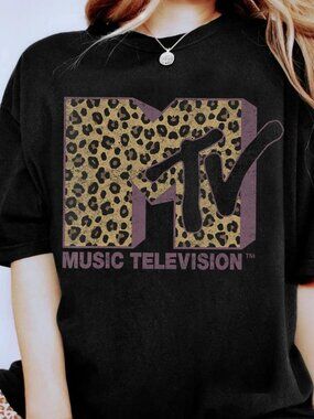 MTV Classic Leopard Print Bold Logo Shirt, Music Television MTV Logo Tee